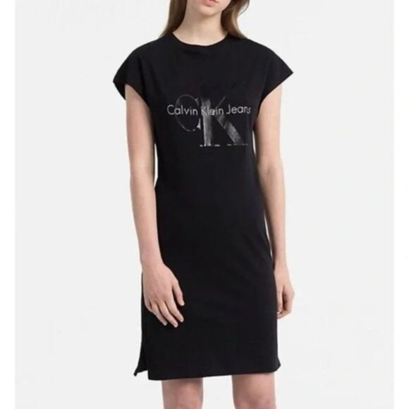 Calvin Klein casual t shirt dress black with white logo size medium - Picture 1 of 7